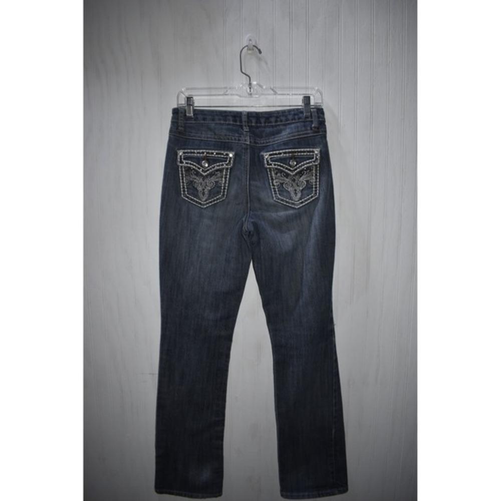 Denim Bootcut Jeans Embellished Pockets Ripped Distressed Dark Wash Size 6 - Picture 5 of 6